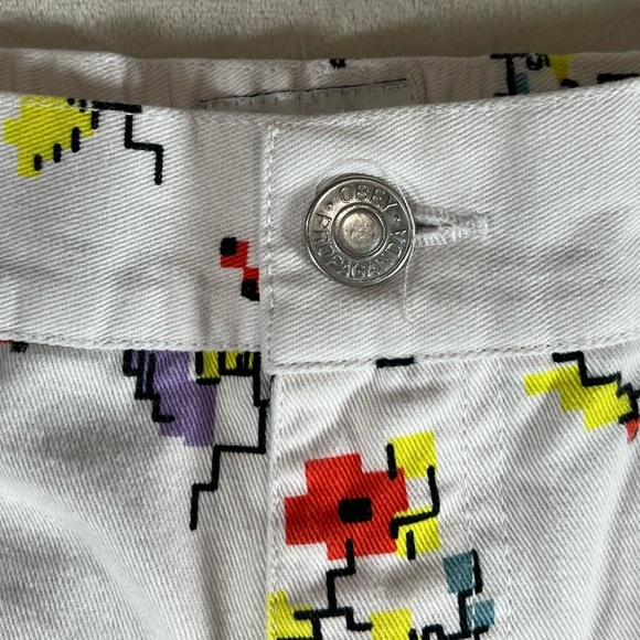 Obey Women’s Size 27 White Carpenter Cotton Pants with 8-Bit Floral Print Bug - Picture 6 of 13